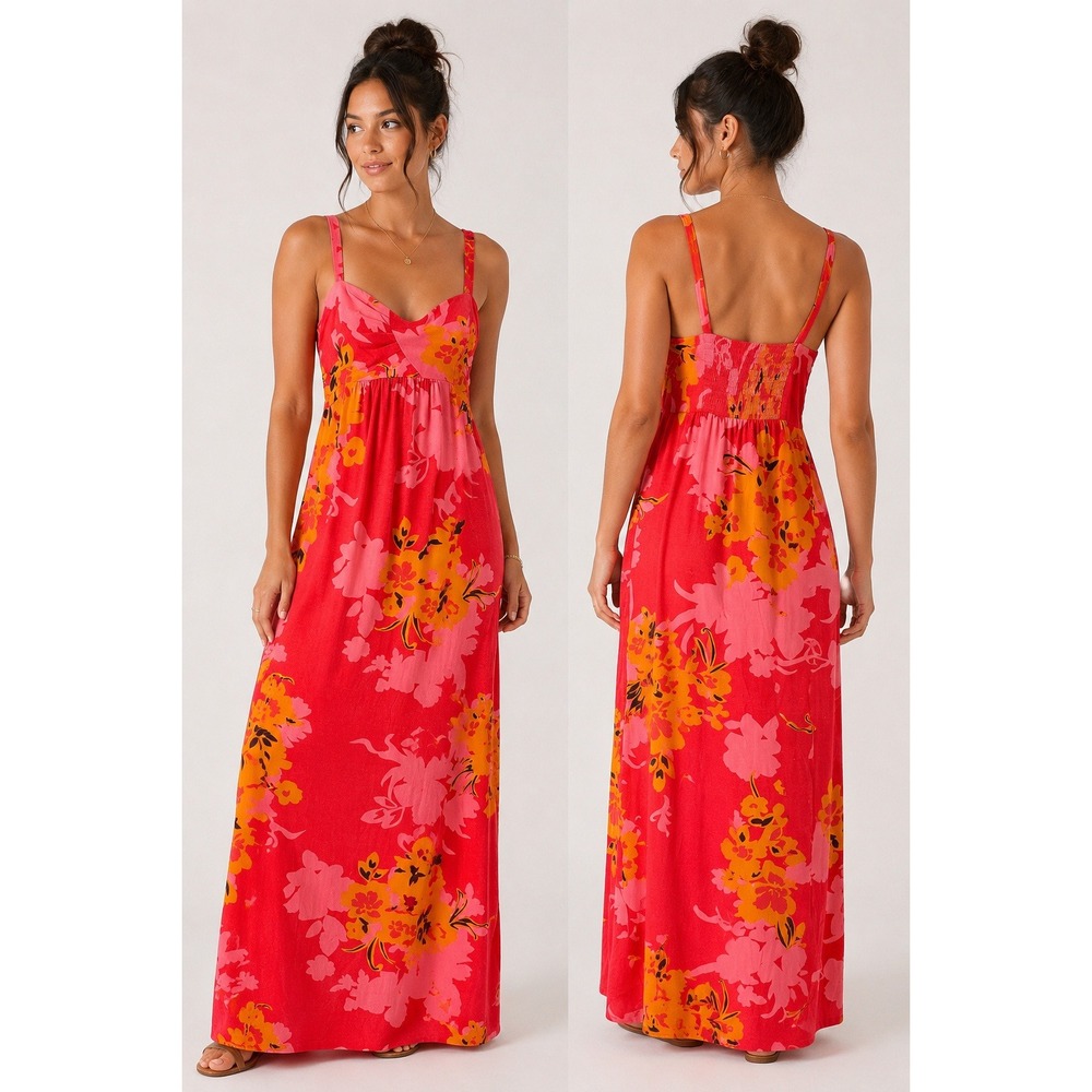 Old‎ Navy Women's Y2K Pink Orange Floral Maxi Dress Cotton Small